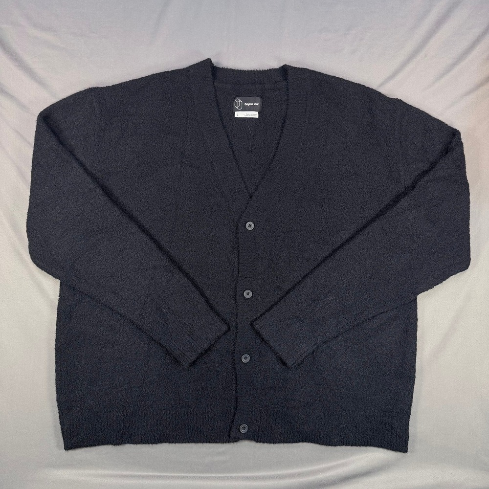 Original Use Mens L Black Boucle Knit Button Front V-Neck Cardigan Sweater Soft